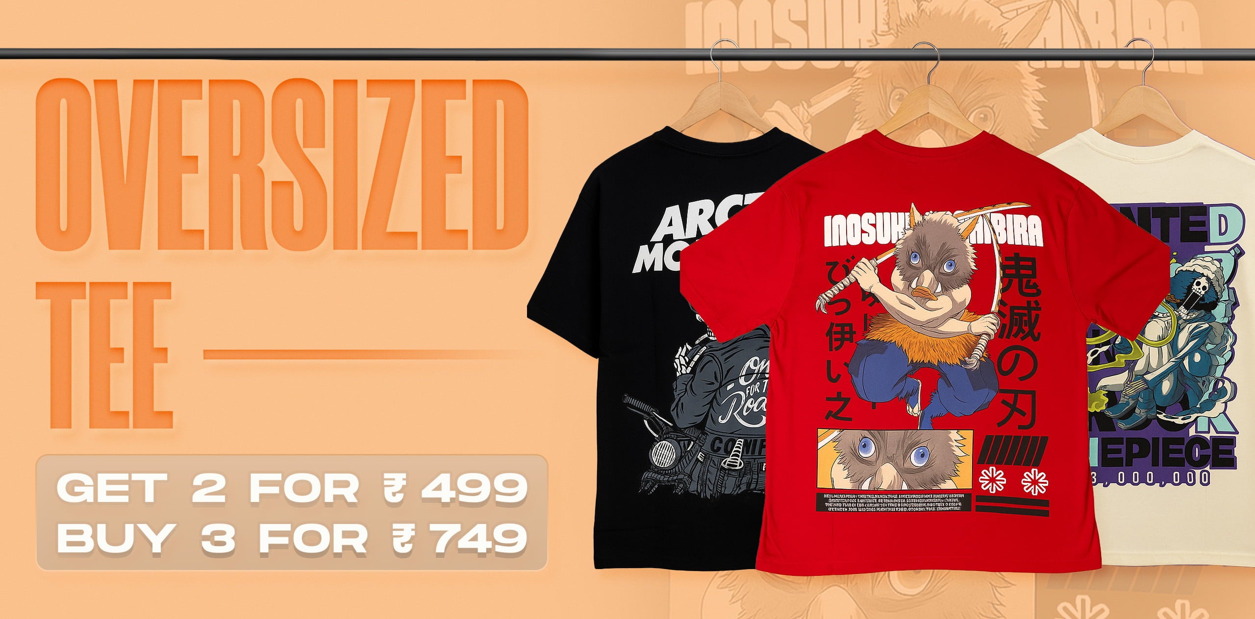Modestitch banner showing three oversized anime t-shirts on hangers with offer text 'Get 2 for ₹499, Buy 3 for ₹749' in a peach-colored studio background.